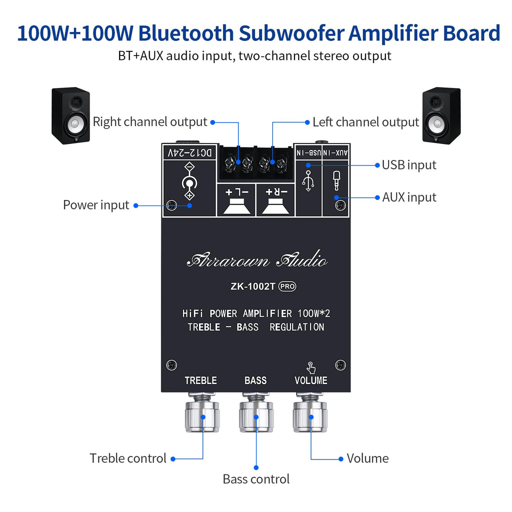 ARRAROWN ZK-1002T PRO 2.0 Channel Bluetooth 5.0 Amplifier Board 200W HiFi Subwoofer Audio AMP with Treble and Bass, BT USB and AUX Inputs, DC 12-24V 2.0 Channel Stereo AMP Module for DIY Speakers