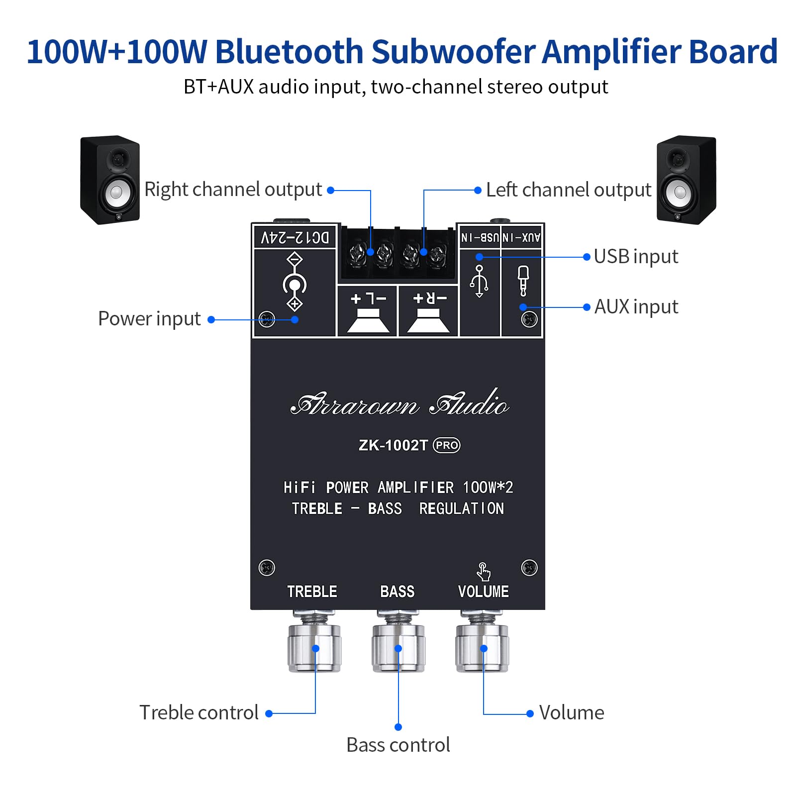 ARRAROWN ZK-1002T PRO 2.0 Channel Bluetooth 5.0 Amplifier Board 200W HiFi Subwoofer Audio AMP with Treble and Bass, BT USB and AUX Inputs, DC 12-24V 2.0 Channel Stereo AMP Module for DIY Speakers