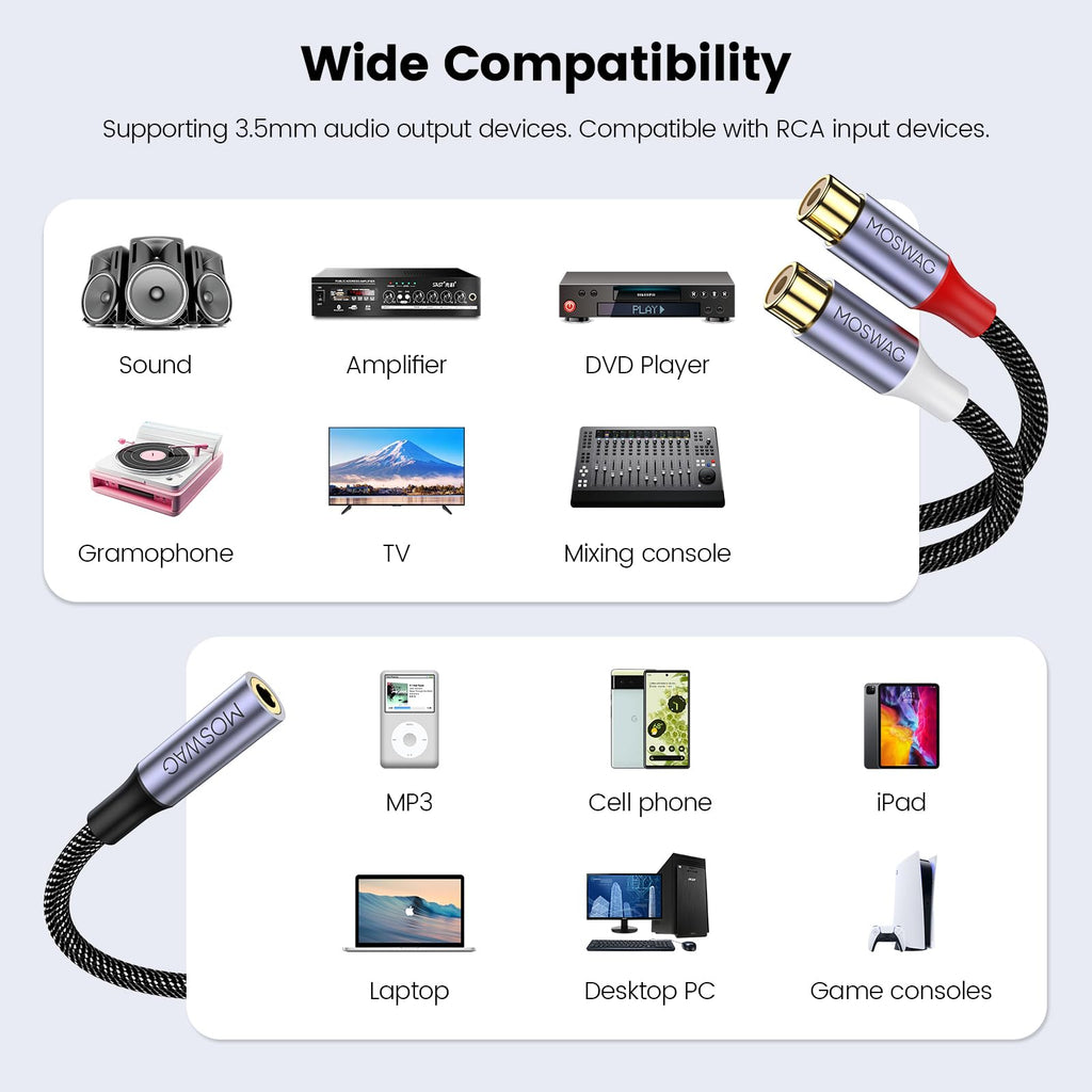 MOSWAG 3.5mm Female to 2RCA Female Stereo Audio Cable, Gold Plated Y Splitter Adapter for HiFi System, Speaker, Amplifier, Smartphone, MP3 Player, 0.82 Feet