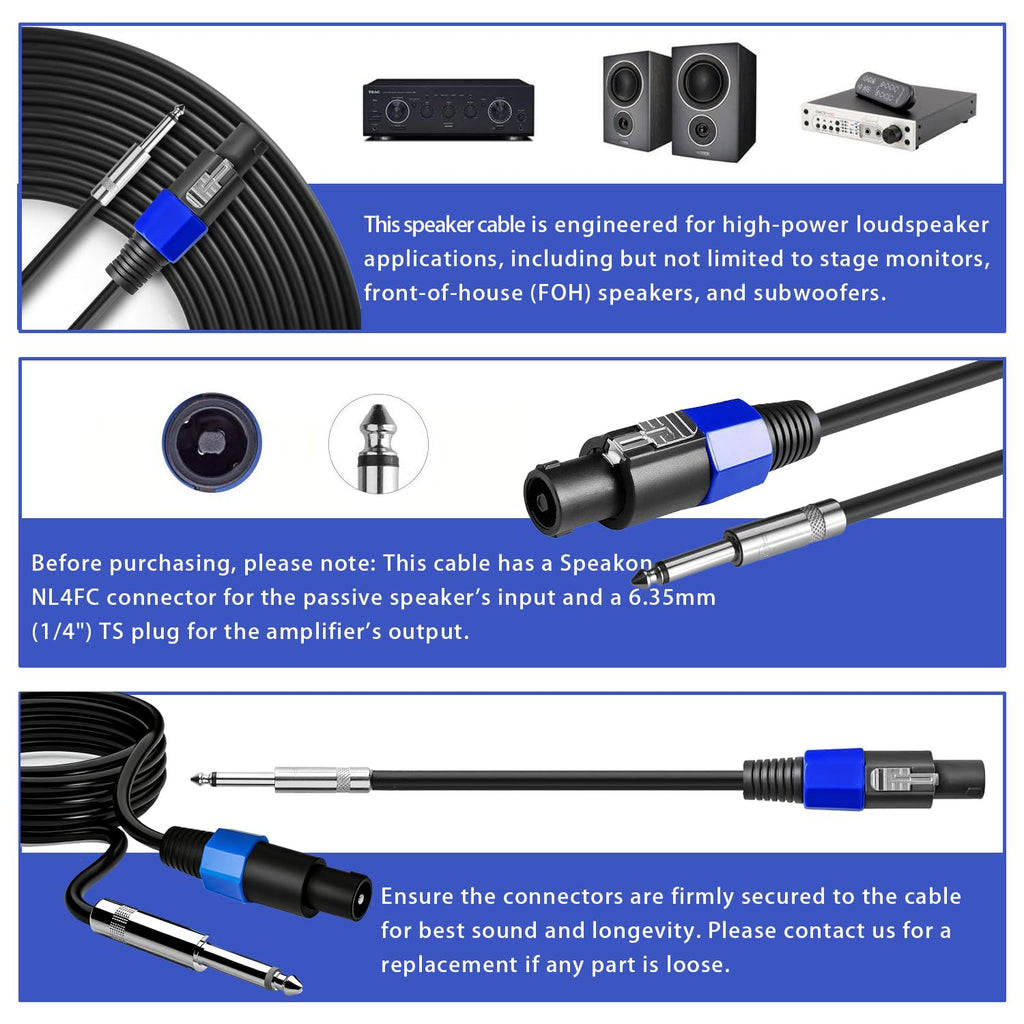 Yuyaokk 2Pack 25 ft Speakon to 1/4" Male Speaker Cables, Professional 12 Gauge AWG Wire Audio Amplifier Connection Cord, DJ/PA Wire with Twist Lock.
