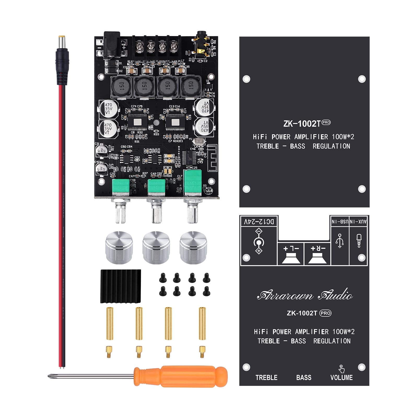 ARRAROWN ZK-1002T PRO 2.0 Channel Bluetooth 5.0 Amplifier Board 200W HiFi Subwoofer Audio AMP with Treble and Bass, BT USB and AUX Inputs, DC 12-24V 2.0 Channel Stereo AMP Module for DIY Speakers