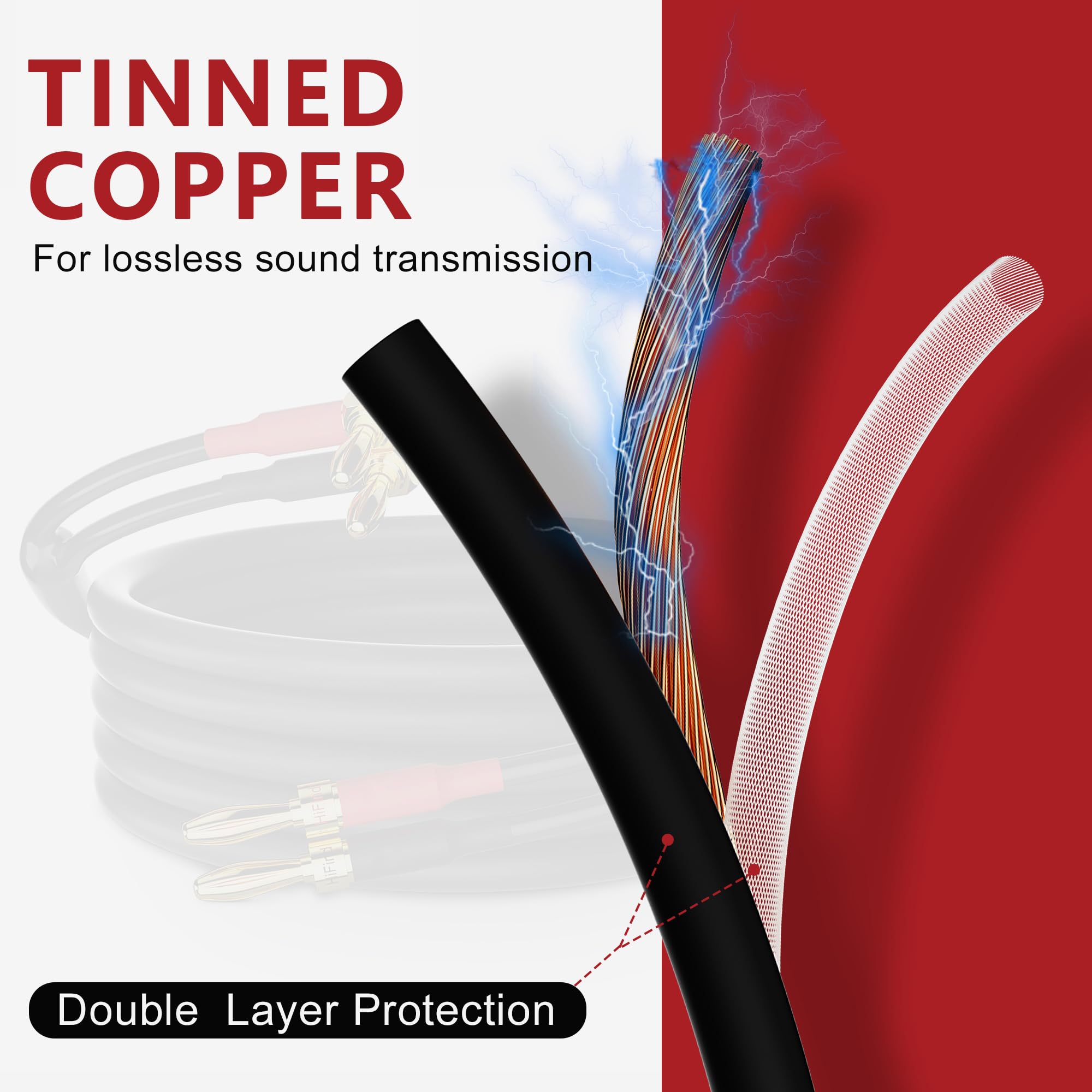 HiFind Speaker Cable Wire 10 Ft/2 Pack with Gold-Plated 90 Degree Angled to Straight Banana Tip Plugs-UL CL3 Rated-Indoor&Outdoor-16 AWG Tinned Copper for Bi-Wire Bi-Amp HiFi Sound