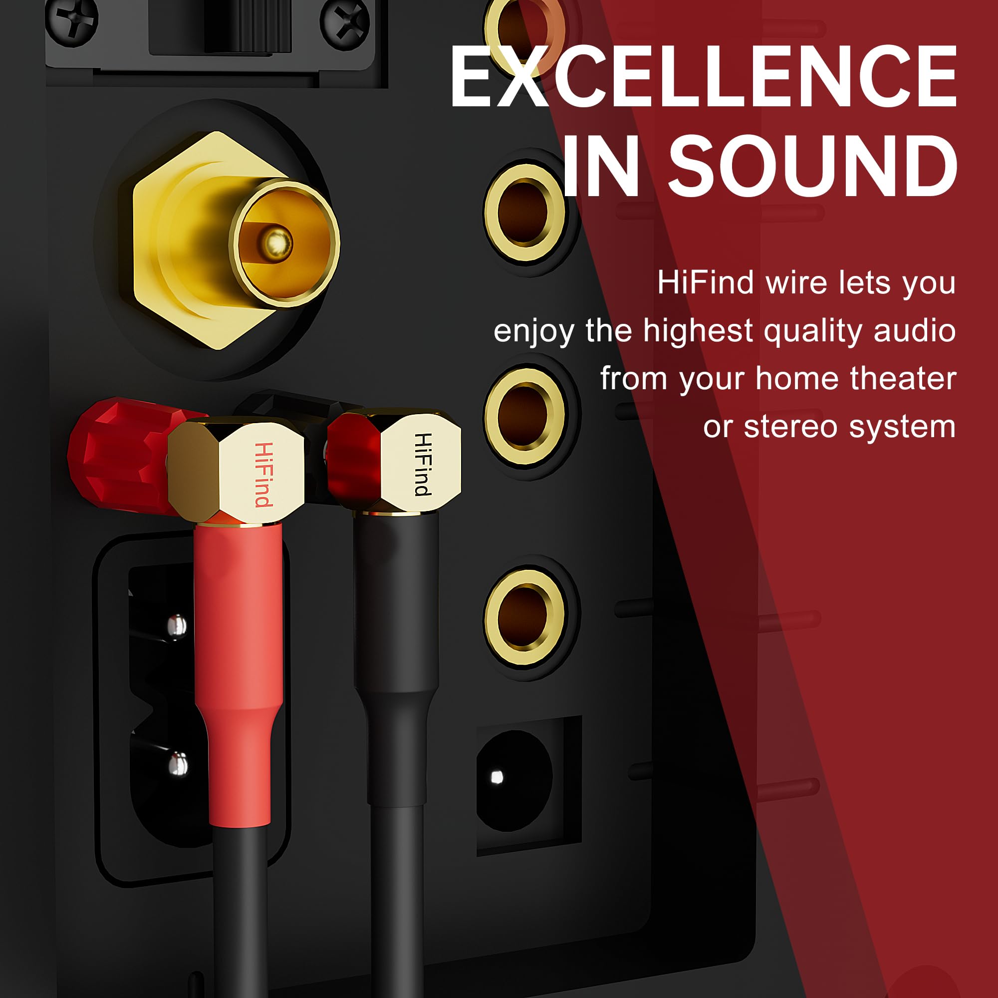 HiFind Speaker Cable Wire 10 Ft/2 Pack with Gold-Plated 90 Degree Angled to Straight Banana Tip Plugs-UL CL3 Rated-Indoor&Outdoor-16 AWG Tinned Copper for Bi-Wire Bi-Amp HiFi Sound