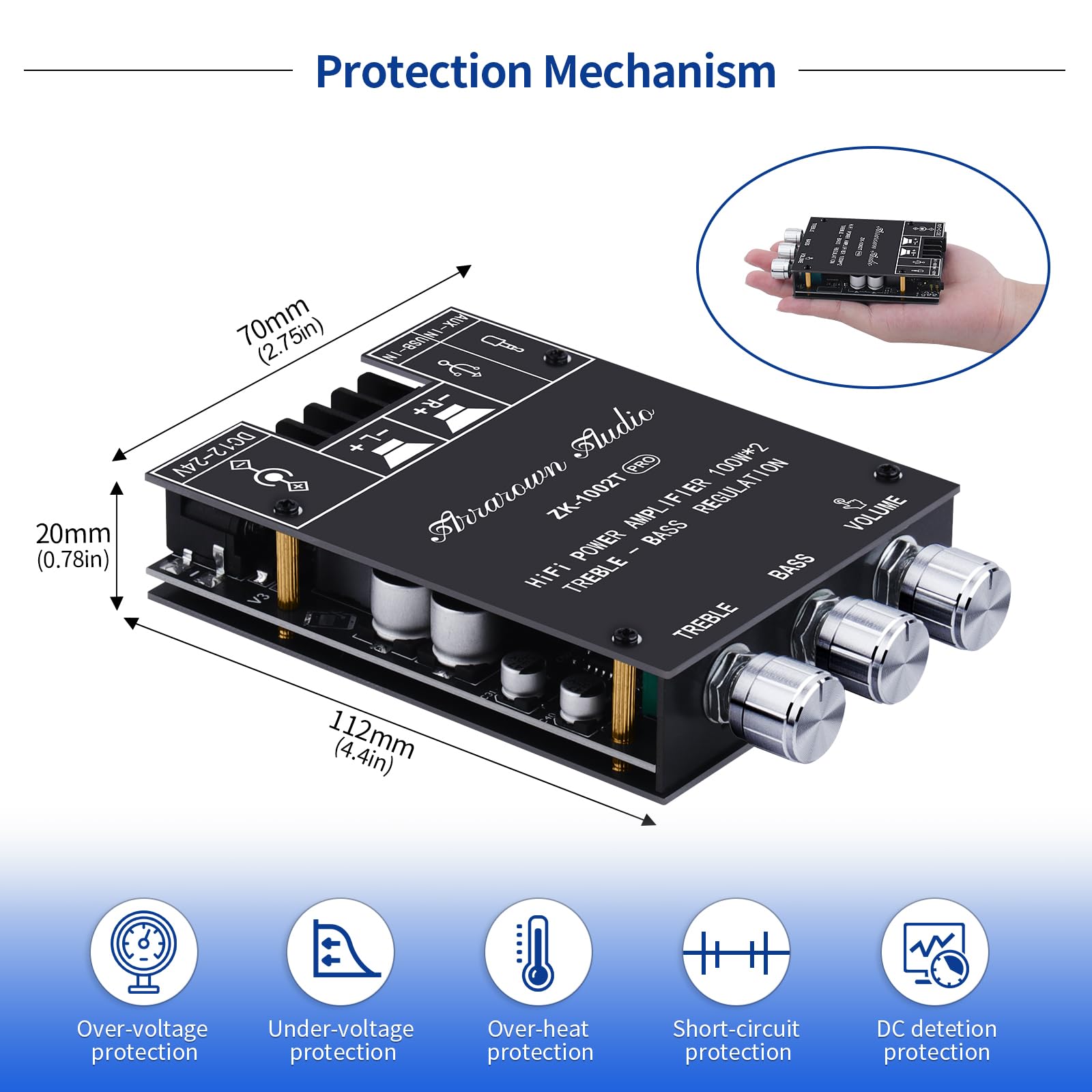 ARRAROWN ZK-1002T PRO 2.0 Channel Bluetooth 5.0 Amplifier Board 200W HiFi Subwoofer Audio AMP with Treble and Bass, BT USB and AUX Inputs, DC 12-24V 2.0 Channel Stereo AMP Module for DIY Speakers