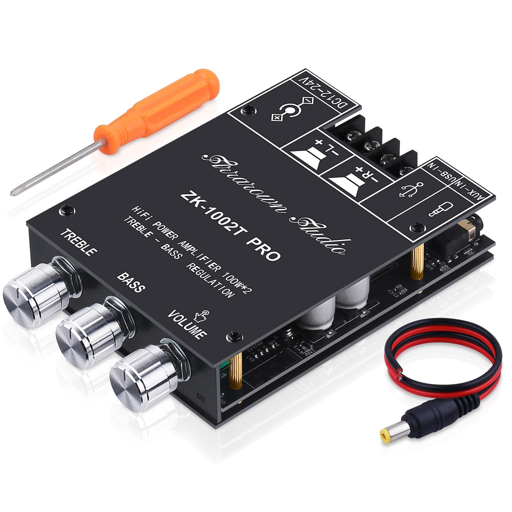 ARRAROWN ZK-1002T PRO 2.0 Channel Bluetooth 5.0 Amplifier Board 200W HiFi Subwoofer Audio AMP with Treble and Bass, BT USB and AUX Inputs, DC 12-24V 2.0 Channel Stereo AMP Module for DIY Speakers