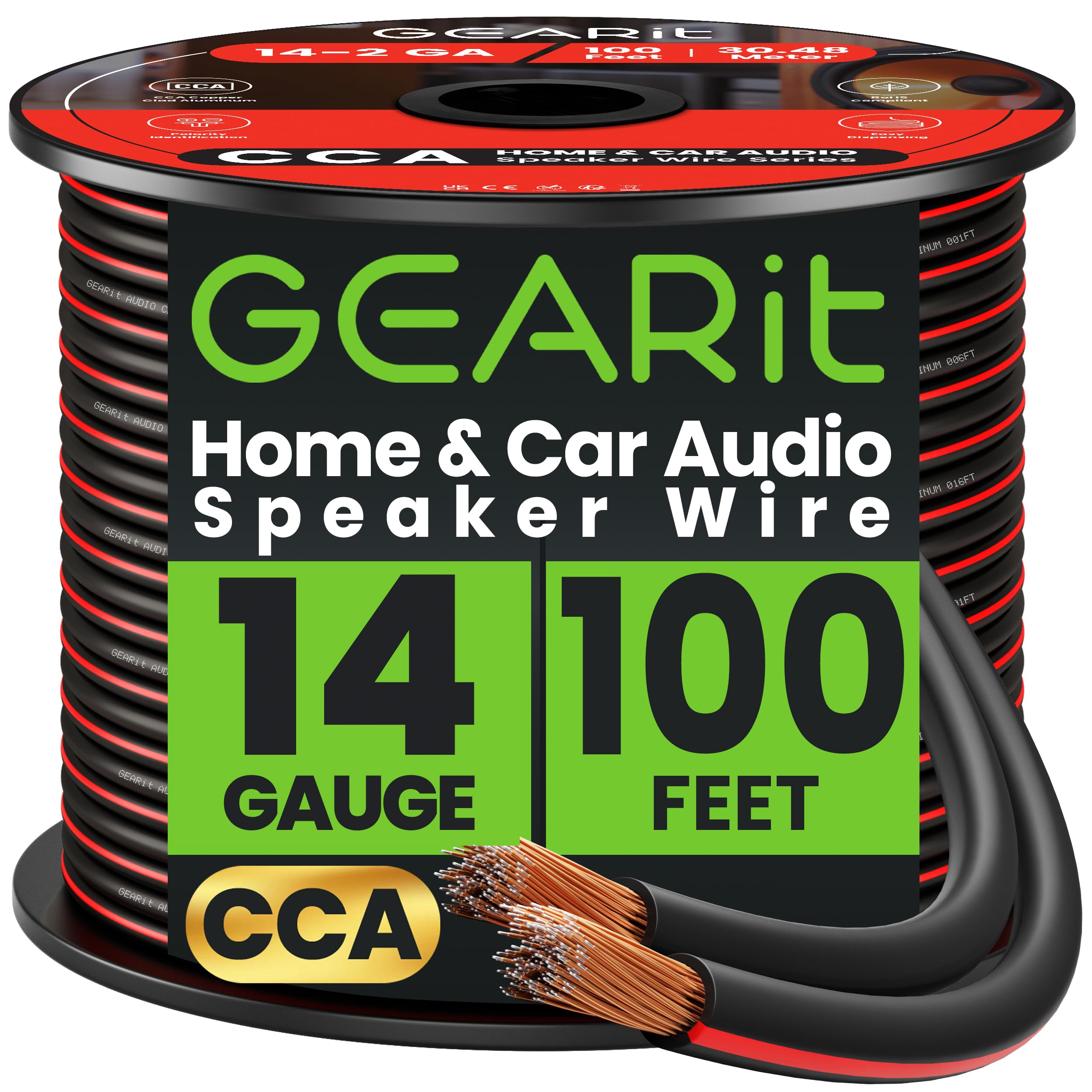 GEARit Speaker Wire 14 Gauge, Speaker Cable 100ft for Car Audio, Home Theater, CCA(Black)