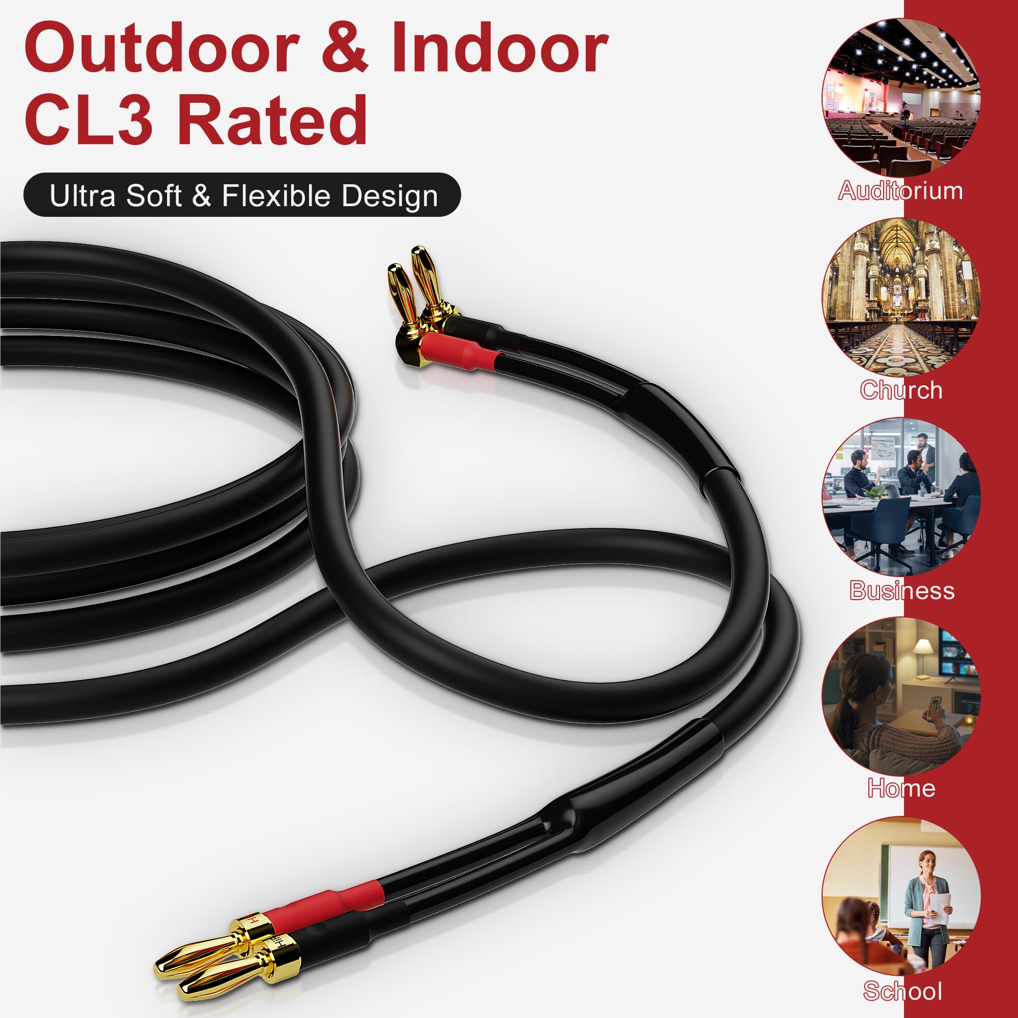 HiFind Speaker Cable Wire 10 Ft/2 Pack with Gold-Plated 90 Degree Angled to Straight Banana Tip Plugs-UL CL3 Rated-Indoor&Outdoor-16 AWG Tinned Copper for Bi-Wire Bi-Amp HiFi Sound