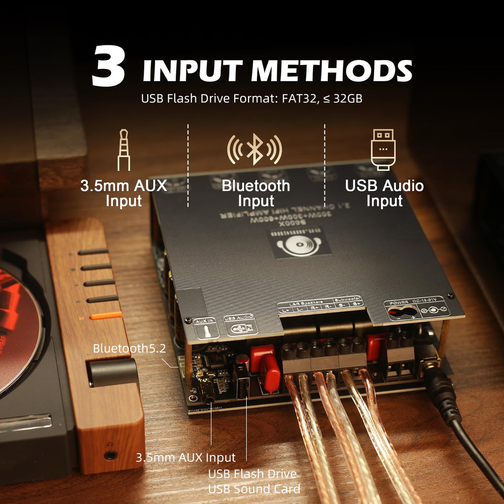 DAJUNGUO S600X 2.1 Channel Amplifier Board 300W+300W+600W Power Output,TPA3255 Chip,Bluetooth 5.2,Black