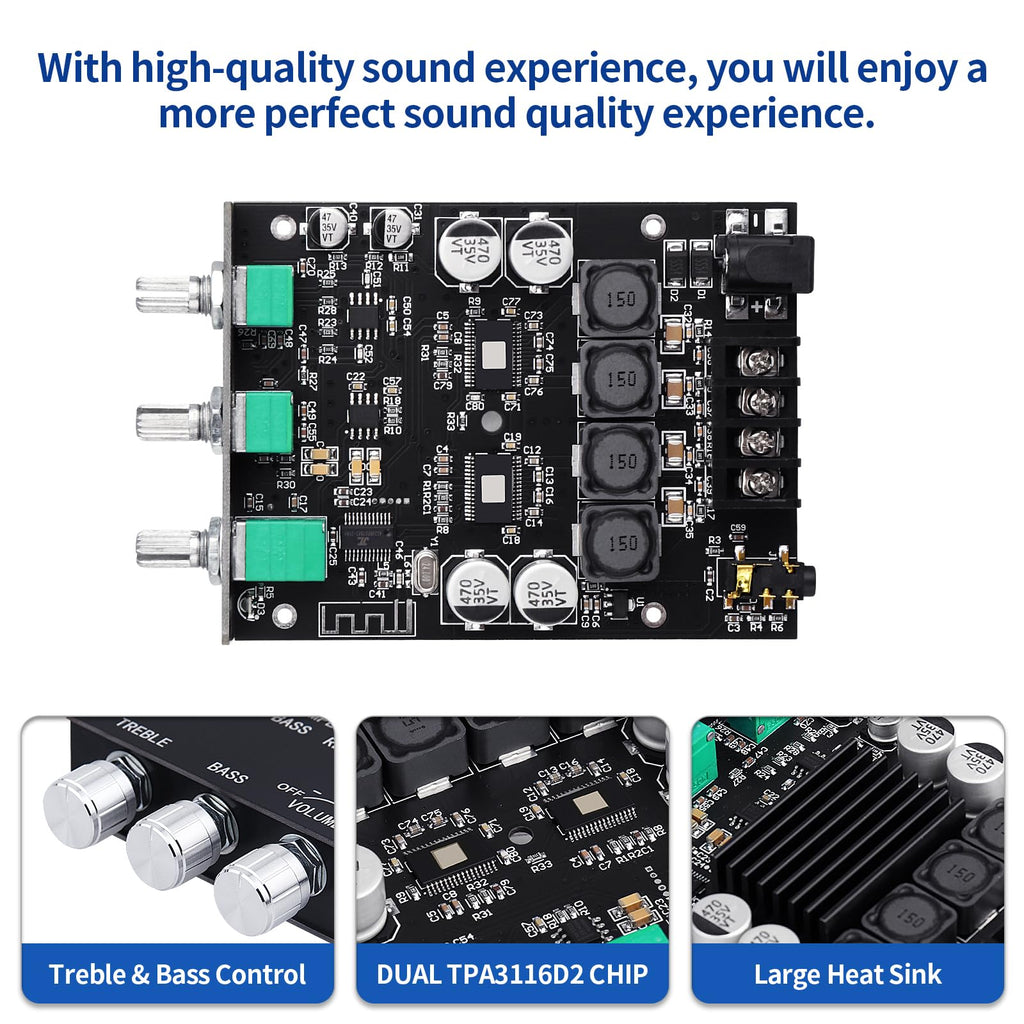 ARRAROWN ZK-1002T PRO 2.0 Channel Bluetooth 5.0 Amplifier Board 200W HiFi Subwoofer Audio AMP with Treble and Bass, BT USB and AUX Inputs, DC 12-24V 2.0 Channel Stereo AMP Module for DIY Speakers