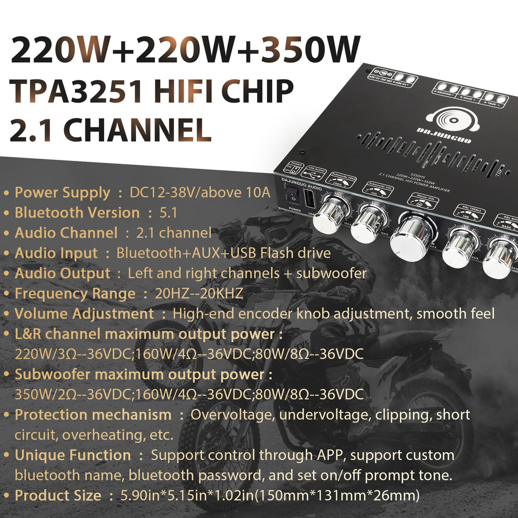 220W +220W+350W Stereo Bluetooth Amplifier Board 2.1 Channel, 2 x TPA3251 Chips Stereo AMP Board DC 12-38V, Bluetooth 5.1 and AUX Inputs, for DIY Wireless Speakers