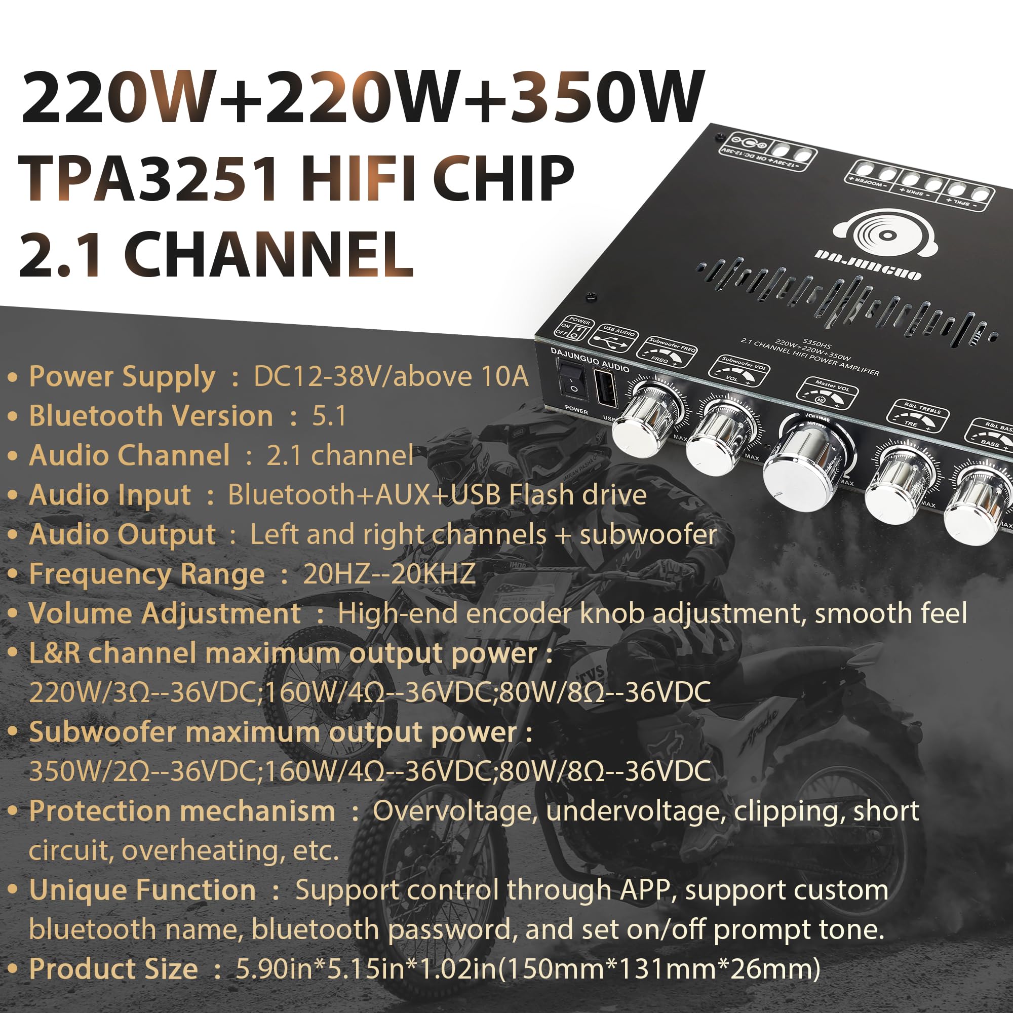 220W +220W+350W Stereo Bluetooth Amplifier Board 2.1 Channel, 2 x TPA3251 Chips Stereo AMP Board DC 12-38V, Bluetooth 5.1 and AUX Inputs, for DIY Wireless Speakers